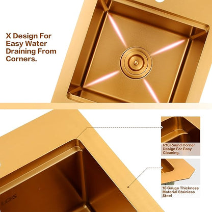 LQS Brushed Gold Finish Kitchen Sink, Small Gold Drop In Bar Sink 16” x 18” with Cutting Board, 16 Gauge Stainless Steel Golden Kitchen Sink, 10” Depth For Daily Use, Outdoor and Prep Use