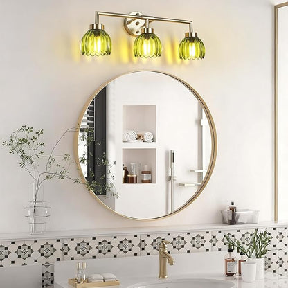 Generies Green Glass Vanity Light, Vintage 3-Light Bathroom Vanity Light Fixture Over Mirror, Art Deco Wall Sconce Lighting for Bathroom, Bedroom, Hallway, Brushed Gold
