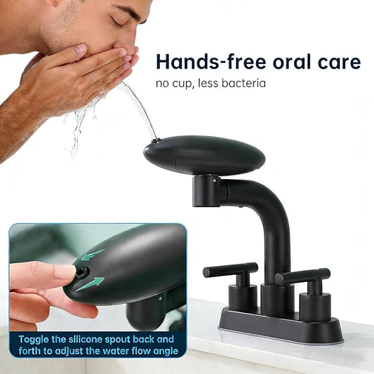 TUTEW Bathroom Sink Faucet 3 Hole Matte Black 4 Inch Centerset，4 Modes Waterfall Bathroom Faucet 2 Handle with 360° Swivel Spout & Pop Up Drain