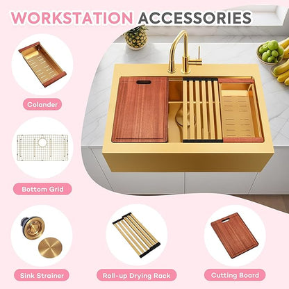 Rhbamoa 36 Inch Gold Farmhouse Sink,16-Gauge T304 Stainless Steel Drop in Kitchen Sinks,Gold Single Bowl Apron Front Kitchen Farm Sink,Deep Topmount Workstation Sinks with All Accessories