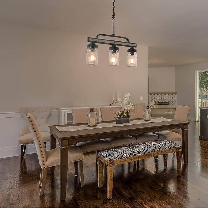 Farmhouse Chandelier, 3-Light Rustic Mason Jar Pendant Chandeliers Light Fixtures for Dining Room, Linear Faux Wood Kitchen Island Lighting