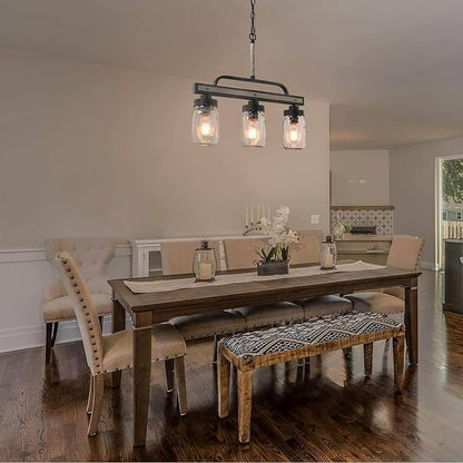 Farmhouse Chandelier, 3-Light Rustic Mason Jar Pendant Chandeliers Light Fixtures for Dining Room, Linear Faux Wood Kitchen Island Lighting