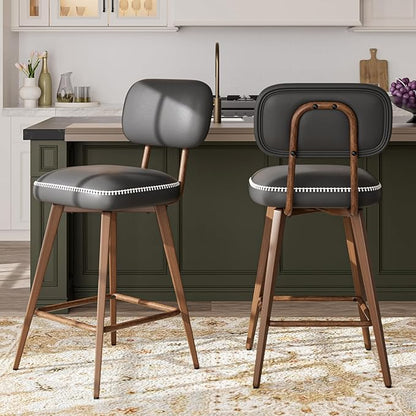 MALOL 26“ Swivel Bar Stools Set of 4, Mid Century PU Leather Counter Height Bar Chairs with Low Back and Metal Legs, Modern Bar Stool Chair for Kitchen Island, Black