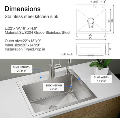 MENATT 22-inch Drop in Kitchen Sink Brushed, SUS304 Stainless Steel Topmount Kitchen Bar Prep Sink, Single Bowl Workstation Kitchen Sinks, 22" x 18" x 9"