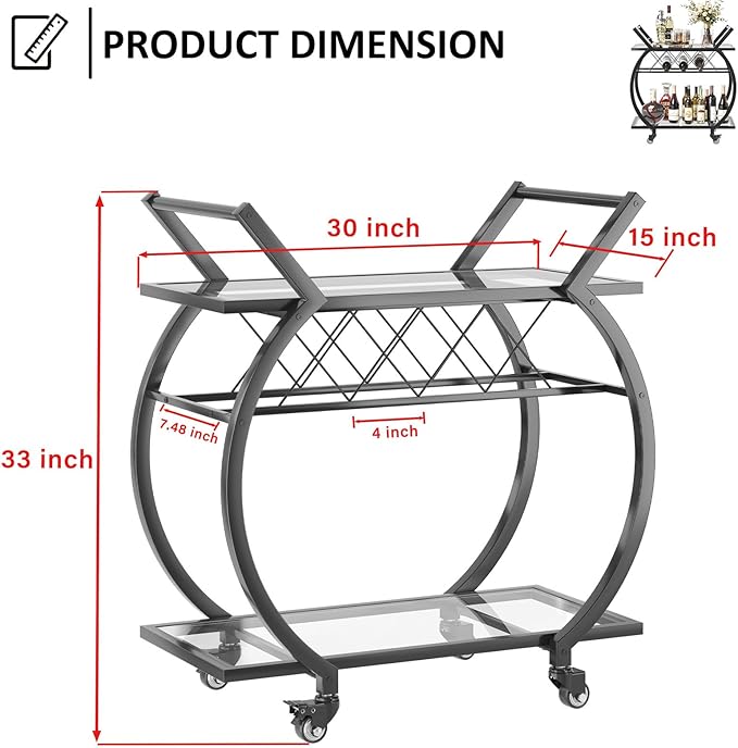 LVB Bar Cart with Glass, Black Bar Cart with Wheels, Home Bar Serving Cart with 2 Tier Storage Glass Shelves, Wine Cart with Wine Rack, Liquor Cart for Kitchen, Bar, Dinning Room
