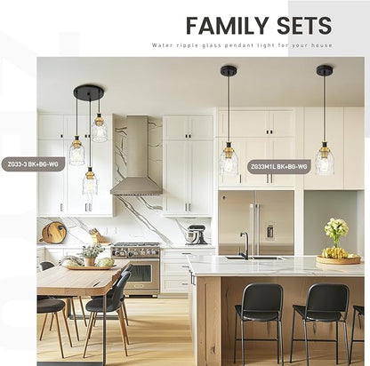 zeyu Adjustable Modern Cluster Pendant Light for Kitchen Island, 3-Light Pendant Lighting, Black and Gold Finish with Water Ripple Glass Shade, ZG33-3 BK+BG-WG