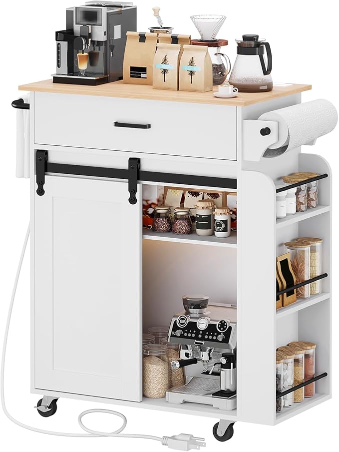 YATINEY Kitchen Island with Storage, Mobile Kitchen Cart with Charging Station, Kitchen Island on Wheels, Rolling Island Table with Sliding Cabinet Door, White and Natural ZD01UWN