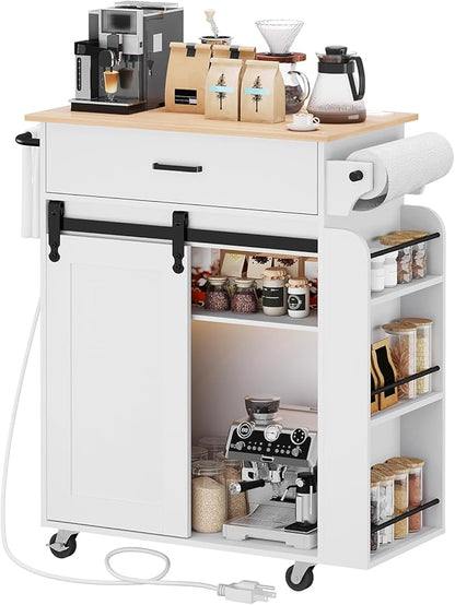 YATINEY Kitchen Island with Storage, Mobile Kitchen Cart with Charging Station, Kitchen Island on Wheels, Rolling Island Table with Sliding Cabinet Door, White and Natural ZD01UWN