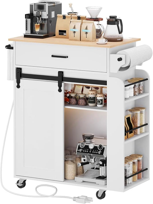 YATINEY Kitchen Island with Storage, Mobile Kitchen Cart with Charging Station, Kitchen Island on Wheels, Rolling Island Table with Sliding Cabinet Door, White and Natural ZD01UWN