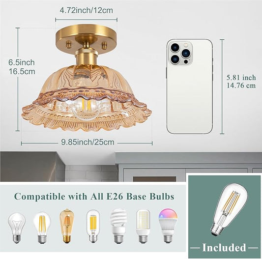 Semi Flush Mount Ceiling Light, Vintage Ceiling Light 11", Amber Shade Glass Hallway Light Fixture for Kitchen Porch Bedroom,Bulb Included