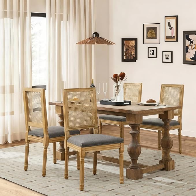 SoarFlash French Dining Chairs Set of 2, Vintage Dining Chairs with Rattan Backrest, Wooden Framehouse Chairs for Living Room, Kitchen, Restaurant, Grey