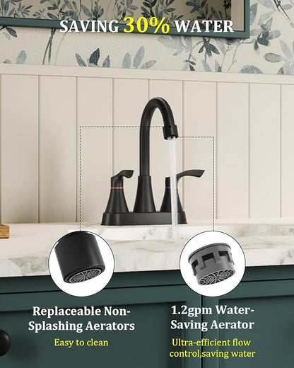 Matte Black Bathroom Faucet 3 Hole, Evolvegoods 4 Inch Stainless Steel Bathroom Sink Faucet, 2 Handle Centerset Faucet for Bathroom Sink Vanity, with Pop Up Drain and 2 Supply Hoses