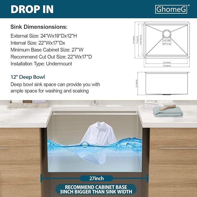 24 Laundry Sink Undermount - 24x18x12 Inch Laundry Utility Sink 12 Inch Extra Deep Single Bowl 16 Gauge Stainless Steel Kitchen Sinks Utility Room Sinks Workstation Basin