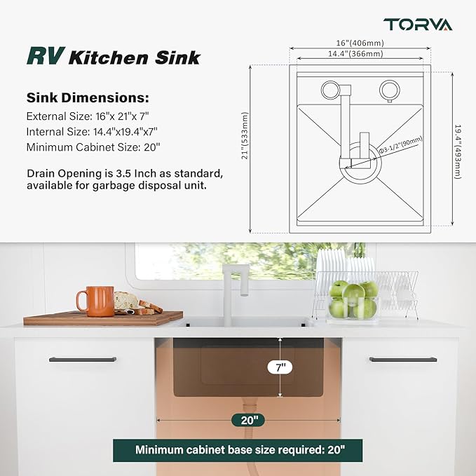 TORVA RV Kitchen Sink, 16 x 21 x 7 Inch Undermount Bar Sink 16 Gauge Stainless Steel Single Bowl Sink with Foldable Faucet Cutting Board, White