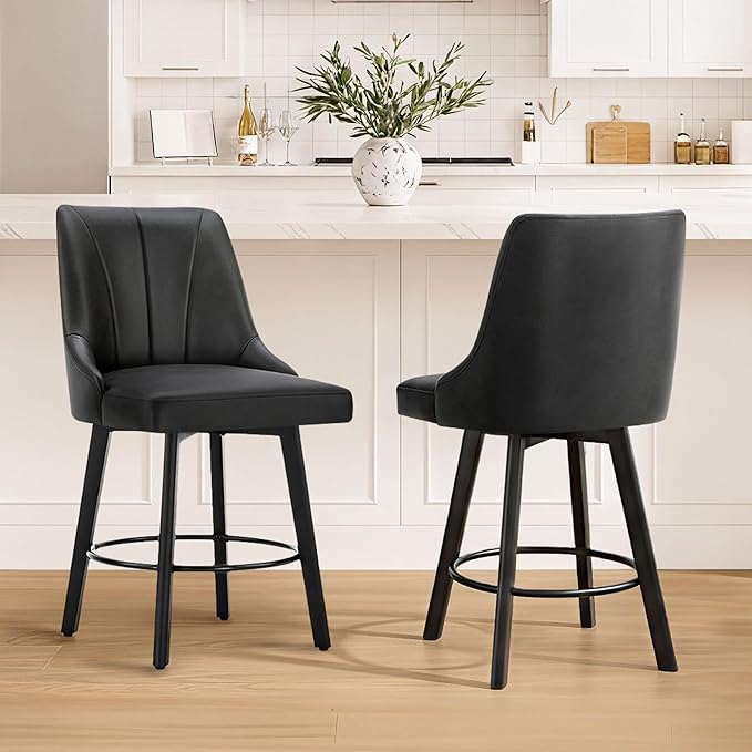 24" Counter Height Bar Stools Set of 4, Swivel Bar Stools with Backs, Faux Leather Upholstered Counter Barstools with Solid Wood Legs for Kitchen Island,Black