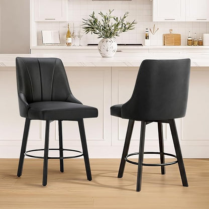24" Counter Height Bar Stools Set of 4, Swivel Bar Stools with Backs, Faux Leather Upholstered Counter Barstools with Solid Wood Legs for Kitchen Island,Black