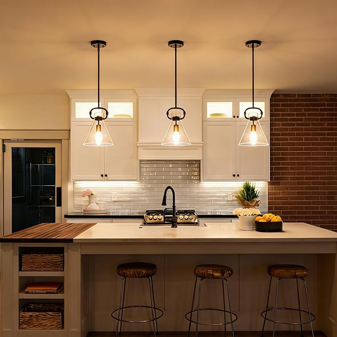 GoYeel Black Glass Pendant Light 9.8", Farmhouse Hanging Lighting 1 Light Kitchen Island Light Fixtures with Funnel Glass Shade for Kitchen Over Dining Table, E26 Base,Adjustable Height,Dimmable