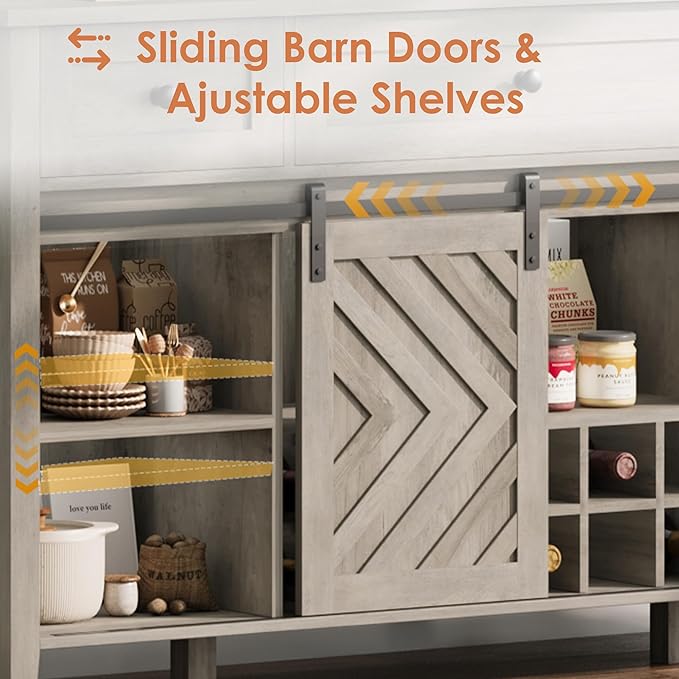 CABIHOME Farmhouse 59'' Buffet Cabinet with Sliding Barn Door, 33.4'' Tall Wood Rustic Sideboard with 3 Drawer, Adjustable Shelf and Removable Wine Rack for Dining Room, Kitchen, Living Room, Vintage