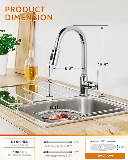 WOWOW Kitchen Faucets with Pull Down Sprayer, Chrome Kitchen Faucet with Sprayer, 304 Stainless Steel High Arc Single Handle Pull Down Kitchen Faucet for Kitchen Sink Faucet