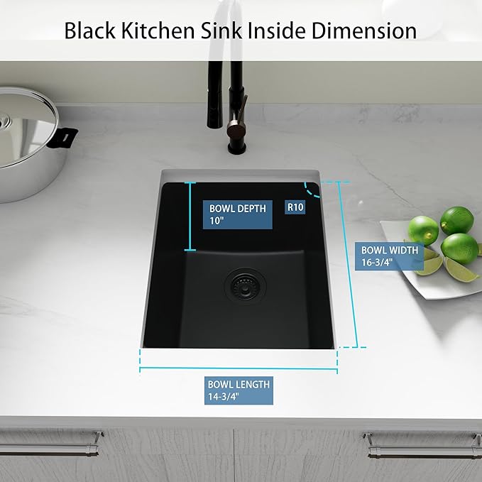 Black Bar Sink,Black Granite Composite Kitchen Sinks With Accessories, 17 Inch Undermount Quartz Stone Kitchen Sinks, 17" x 19" x 10" Small Kitchen Sink used for RV, Bar, Outdoor and Wet Bar