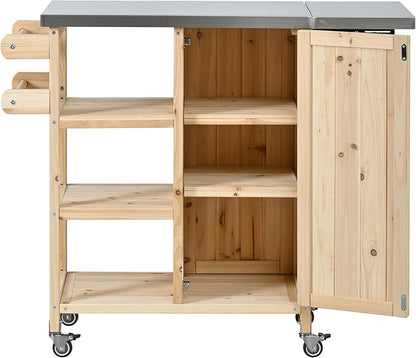 JIJIWANG 33.4" Foldable Outdoor Kitchen Island Patio Kitchen Island Outdoor Kitchen Cart Portable Prep Station with Lockable Wheels, Storage Cabinet and Towel Rack for Patio and Outdoor Natural