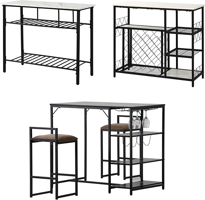 5-Piece Metal Dining Room Furniture Set with Marble Dining Table and 2 Stools/1 Kitchen Island/1 Wine Rack Table, Ideal for Small Small Apartment, Studio (Black + Metal-1)