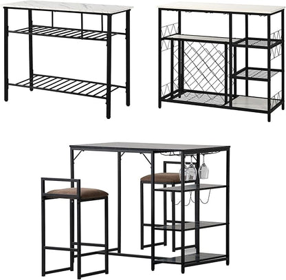 5-Piece Metal Dining Room Furniture Set with Marble Dining Table and 2 Stools/1 Kitchen Island/1 Wine Rack Table, Ideal for Small Small Apartment, Studio (Black + Metal-1)