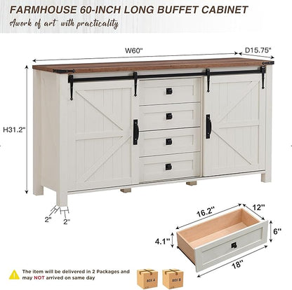 T4TREAM Farmhouse Sideboard Buffet Cabinet with Storage, 60" Large Kitchen Cabinet w/Sliding Barn Doors and 4 Drawers, 31.2'' Tall Wood Coffee Bar Table for Dining Room, Antique White