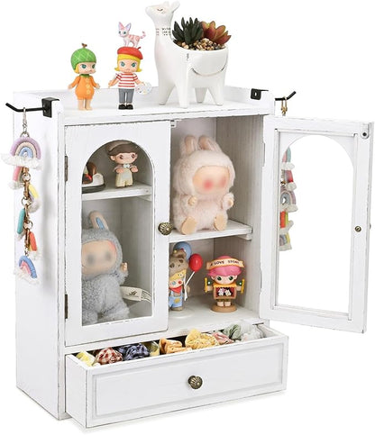 Ikee Design Wooden Countertop Storage Cabinet with Magnetic Door, Adjustable Shelves, Removable Hooks and Drawer for Perfume, Makeup, Pantry, Antique White, 12.2 W x 6 D x 15.7 H in