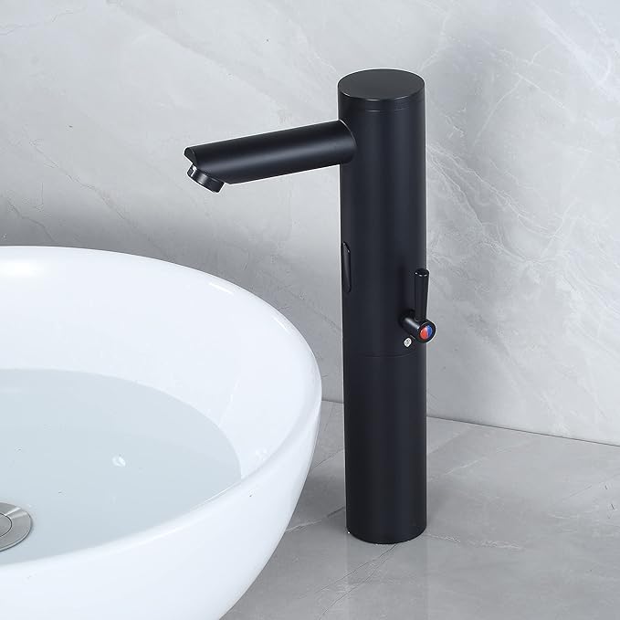 Automatic Touchless Bathroom Sink Faucet Tall Body Motion Activated Sensor Hands Free Commercial Faucets Adjustable Cold Hot 1 Hole Single Handle Basin Vessel Auto Water Mixer（Matte Black）