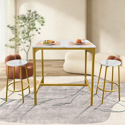 AT-VALY 3-Piece Bar Table Set with 2 Stools,Dining Room Table Set,Small Spaces (Gold)