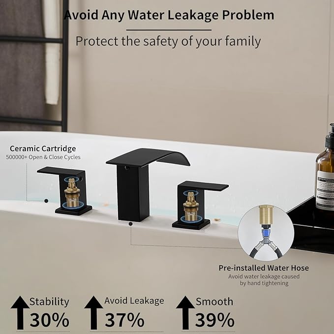 RUMOSE Matte Black Roman Bathtub Faucet Set Waterfall Tub Faucets High Flow Widespread 6-16 Inch 3 Holes Deck Mount Tub Filler 2 Handles Bathtub Filler Soaking Bath Faucet