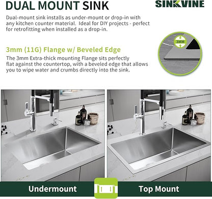 25-Inch Drop-In Kitchen Sink, SINKVINE 25" x 22" Stainless Steel Indoor and Outdoor Sink, Top Mount Large Deep Single Bowl Sink for Laundry Room, with Drain Strainer, Bottom Grid, Roll-up Drying Unit