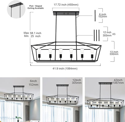 BONLICHT 6-Light Linear Farmhouse Chandelier in Matte Black Finish Industrial Kitchen Island Pendant Lighting Ceiling Hanging Lamp for Dining Room Stairway Living Room