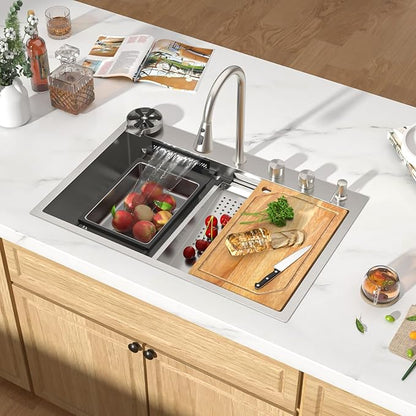33 Inch Drop-In Single Bowl Kitchen Sink with Faucet, 16 Gauge 304 Stainless Steel Workstation All-In One Sink with Waterfall & Rainfall Outlet, Five-Hole Design, Cup Washer #TLWF-0026