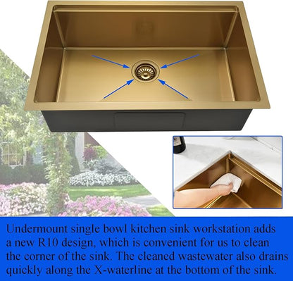 30 Inch Undermount Gold Kitchen Sink-Bokaiya Stainless Steel Undermount Workstation Sink 16 Gauge 10 Inch Deep Single Bowl Undermount Kichen Sink with Cutting Board