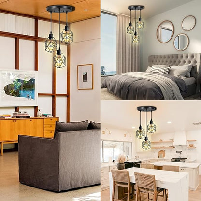 Industrial Pendant Light 3-Light,Adjustable Hanging Light Fixtures,Vintage Farmhouse Pendant Light with Metal Caged for Kitchen Dining Room Hallway,E26 Base,Black