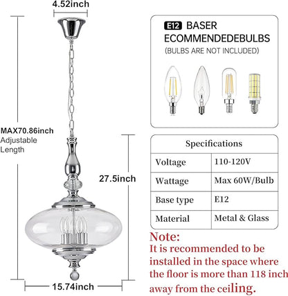 5 Light Chrome Chandelier Modern Glass Large Pendant Light H 27.5" x W 15.7" for Kitchen Island, Dining Room.E12 Bulb