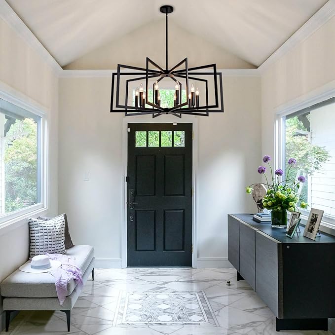 Black Chandelier for Dining Room,10-Light Kitchen Chandelier Light Fixture Modern Farmhouse Geometric Metal Hanging Industrial Chandeliers for Entryway Kitchen Island Foyer Lighting Fixtures