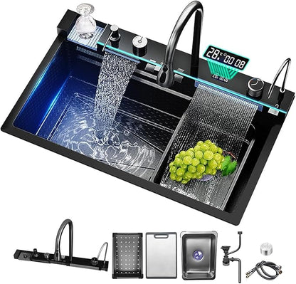 Sinks Countertop or Embedded Single Bowl Stainless Steel Kitchen Sink with Drain basket, cutting board, vegetable sink, multi-function pull-out faucet set (Black, 29.5x18x9 In)