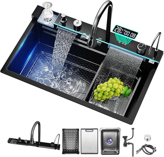 Sinks Countertop or Embedded Single Bowl Stainless Steel Kitchen Sink with Drain basket, cutting board, vegetable sink, multi-function pull-out faucet set (Black, 33.4x18x9 In)