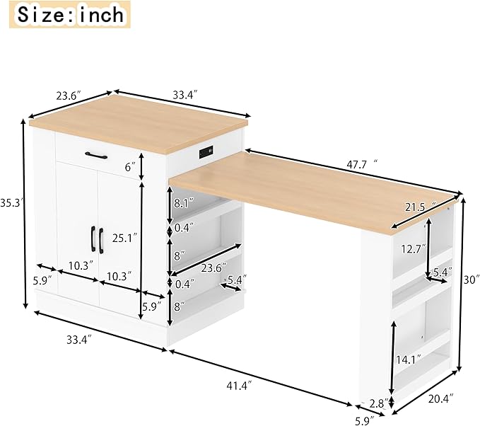 Kitchen Island Console with Storage, White and Natural Wood Top, Extendable Dining Table with Drawers and Shelves, 80.7 x 33.4 x 35.3 Inches (White)