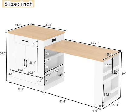 Kitchen Island Console with Storage, White and Natural Wood Top, Extendable Dining Table with Drawers and Shelves, 80.7 x 33.4 x 35.3 Inches (White)