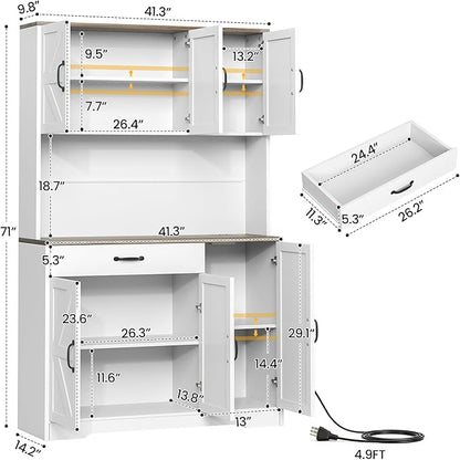 GRUSIGN 71" Pantry Cabinet with Charging Station, Large Capacity Kitchen Hutch Storage Cabinet, Kitchen Cabinet with Microwave Stand, Storage Drawers & Adjustable Shelves for Dining Room, White
