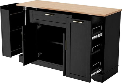 Multi-Functional Kitchen Island Storage Cabinet with 3-Tier Pull-Out Rack with Guardrails, Modern Buffet Sideboard with Adjustable Shelves, Storage Piece for Living Room or Entryway (Black)