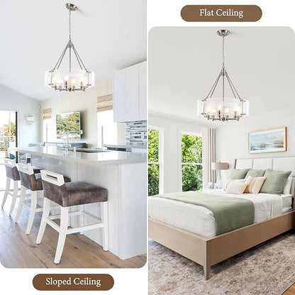 Modern Brushed Nickel Glass Chandelier for Dining Room,19.69 inch Textured Crystal Drum Farmhouse Chandelier Light Fixture for Dining Room Kitchen Island Living Room Bedroom Foyer