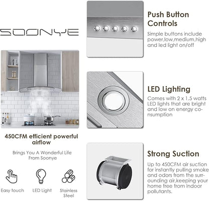 30 Inch Wall Mounted Curved Glass Range Hood with 450 CFM,Stainless Steel kitchen Ductless/Ducted Convertible with 3 Speed Controls,Permanent Baffle Filters and 2 LED Lights