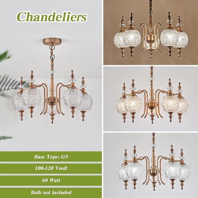 Chandeliers Vintage 5 Lights Brass Glass Pendant Lighting Fixtures Rustic Style Chandelier Matte Brushed Antique Brass Finish with Crystal Glass Shade for Kitchen Island Farmhouse
