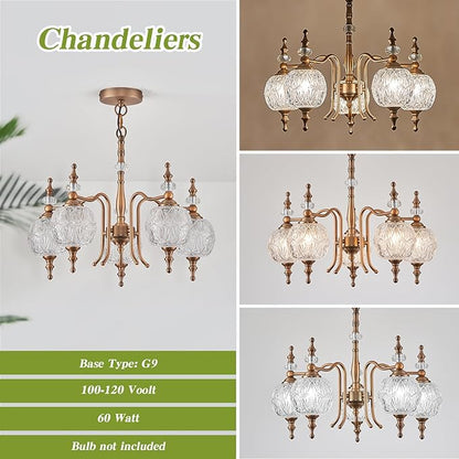 Chandeliers Vintage 5 Lights Brass Glass Pendant Lighting Fixtures Rustic Style Chandelier Matte Brushed Antique Brass Finish with Crystal Glass Shade for Kitchen Island Farmhouse