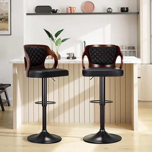 VECELO Swivel Bar Stools Set of 2, Adjustable Counter Height Stools with Bentwood Back, Armrest, Footrest & PU Leather Seat, Modern Bar Chairs for Kitchen Island, Black